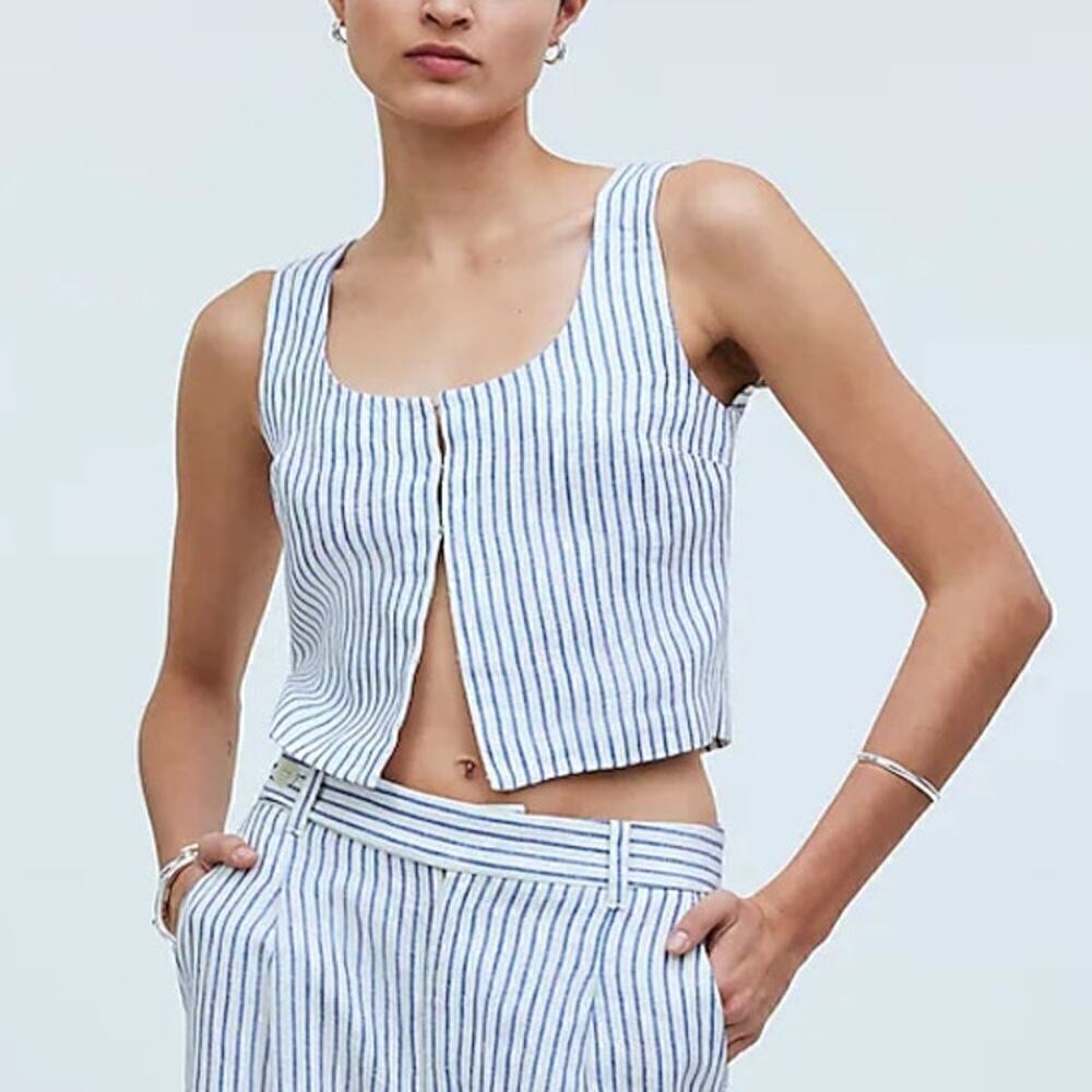 Madewell Scoopneck Top Crop Tank 100% Linen Bluestone Blue White Striped NWT 10